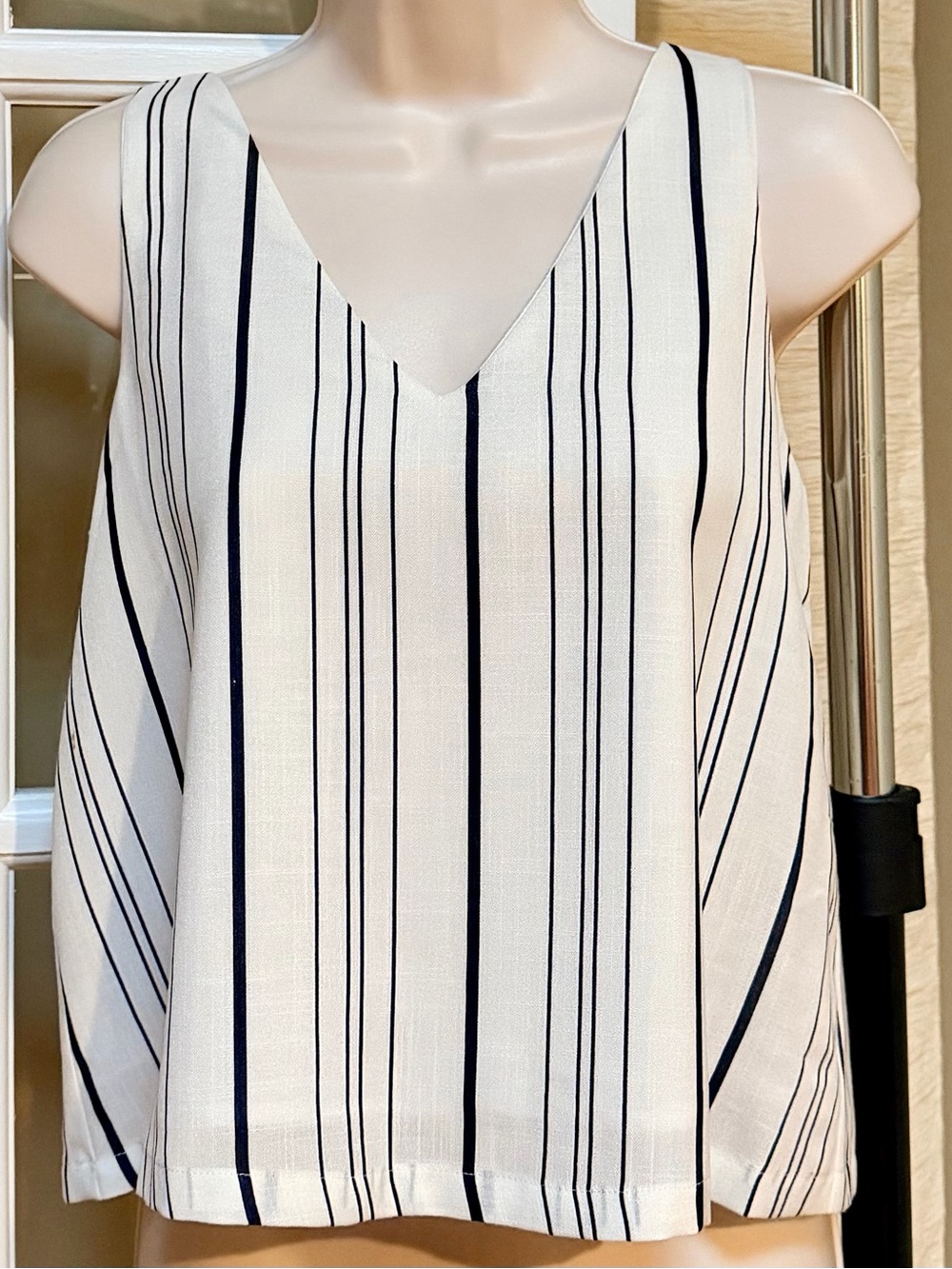 Lucy Paris White Sleeveless V-Neck Tank with Black Pinstripes